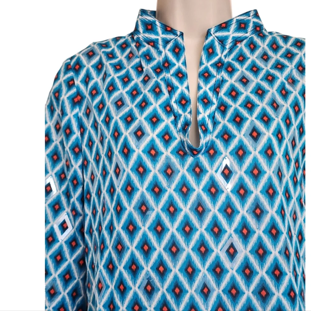 Tory Burch Blue Ikat Geometric Diamond Tunic Top-Mirrored Accents Size 4
